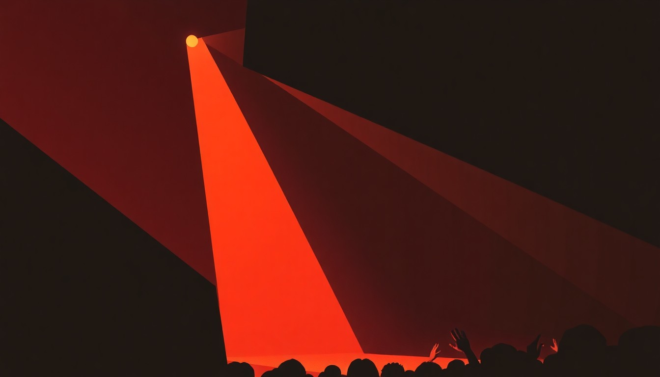 An abstract, minimalist illustration featuring bold, angular shapes in deep red, orange, and grey tones, conveying the dynamic energy and emotional resonance of a live country music performance.