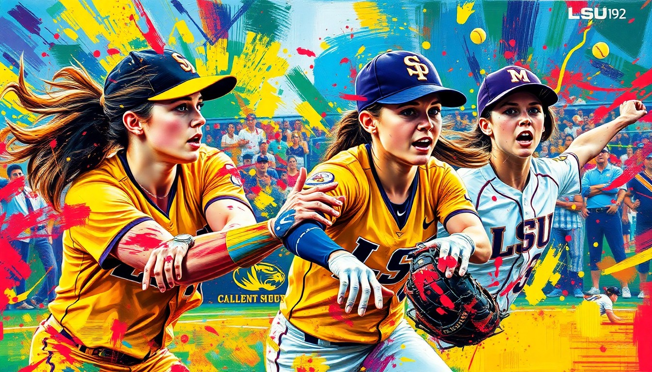 A dynamic, colorful expressionist painting capturing the intense energy and movement of a high-scoring softball game, with players' forms dissolving into vibrant brushstrokes.