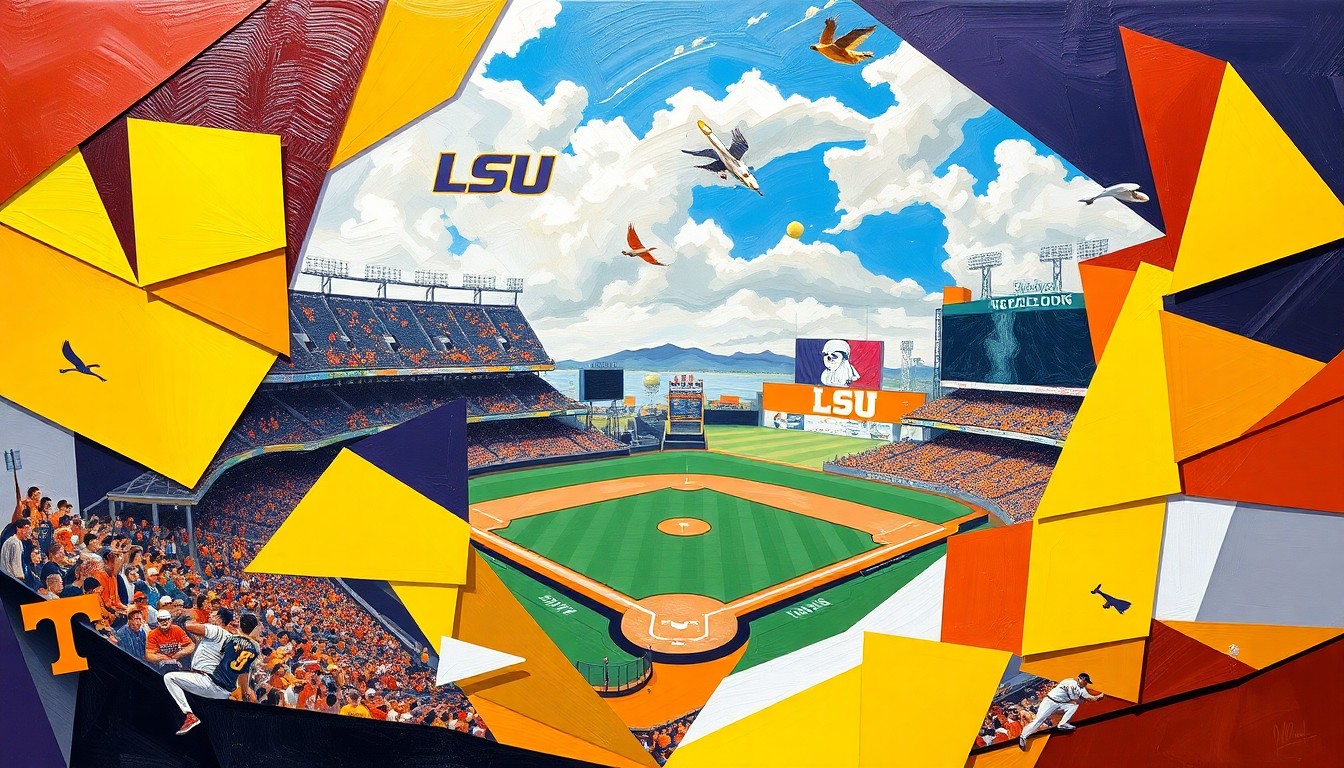 A cubist, geometric painting depicting a college baseball game, with sharp, overlapping planes of the team colors representing the action on the field.
