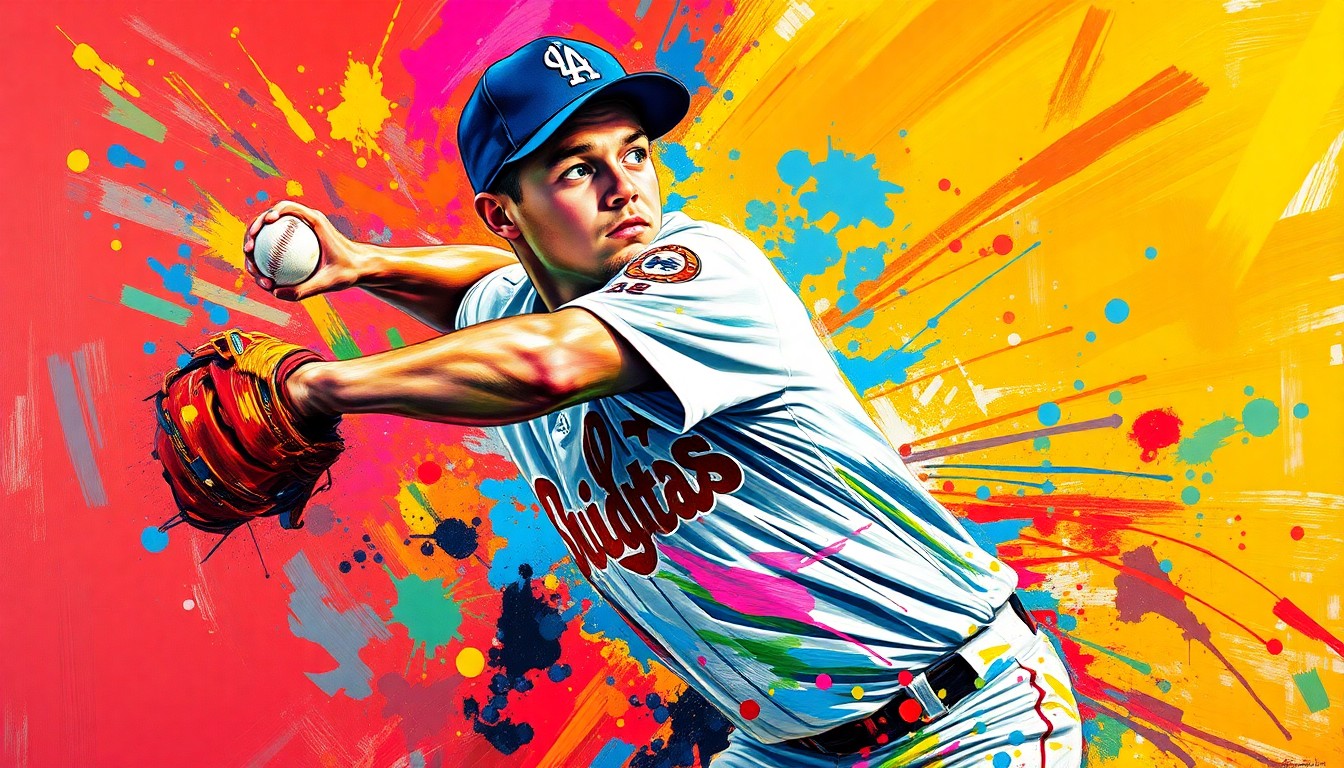 An extreme close-up of a baseball pitcher mid-delivery, with his face and uniform obscured by vibrant, expressionist brushstrokes in neon colors that capture the raw energy and power of the moment.