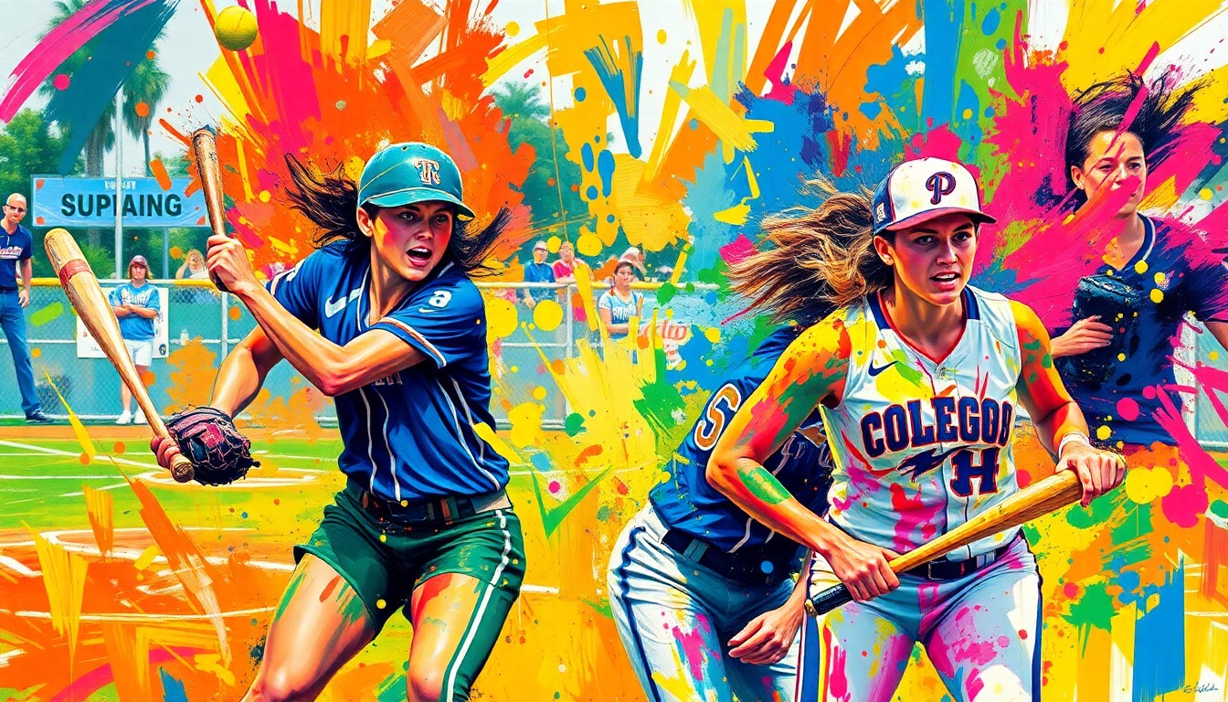 An abstract, energetic painting in neon colors depicting the dynamic motion and raw athleticism of a college softball game, with the players' forms dissolving into expressive brushstrokes.