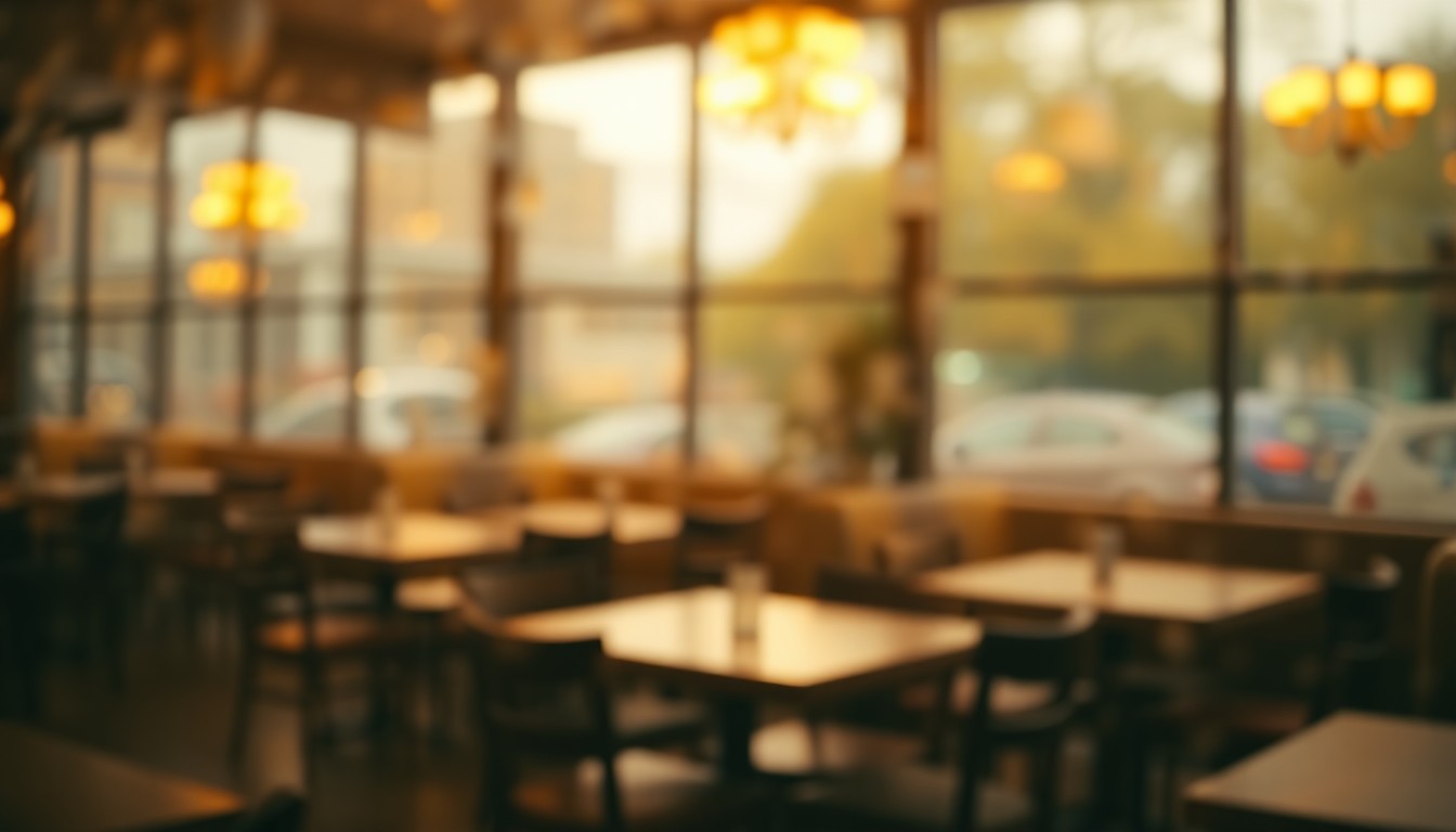 An abstract, out-of-focus image showing the blurred silhouettes of empty restaurant tables and chairs, conveying a sense of melancholy and uncertainty about the future of the New Orleans food industry.