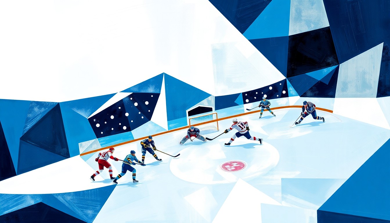 A fractured, multi-perspective painting featuring angular, abstracted forms in shades of blue, white, and silver, representing the action and energy of a hockey game.