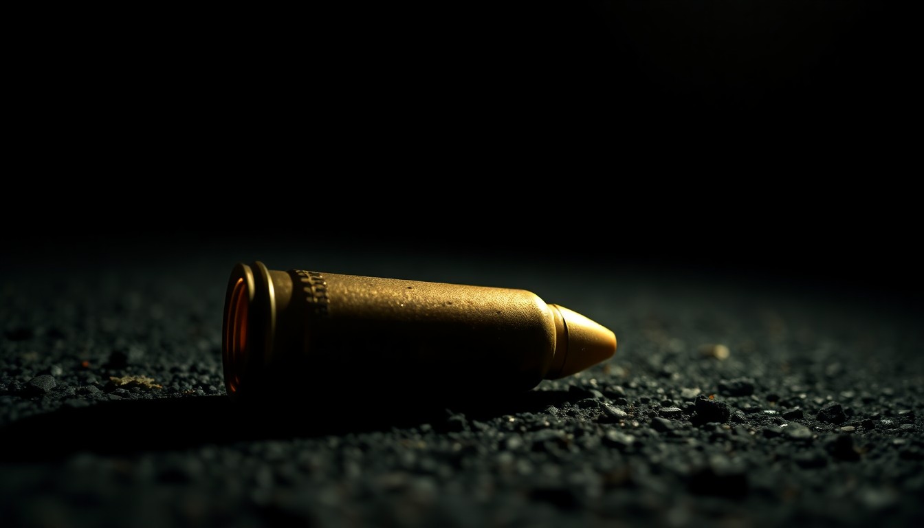 An extreme close-up photograph of a spent shell casing on the pavement, the harsh flash illuminating the textured metal surface against a pitch-black background, conveying the gritty, investigative nature of the crime scene.