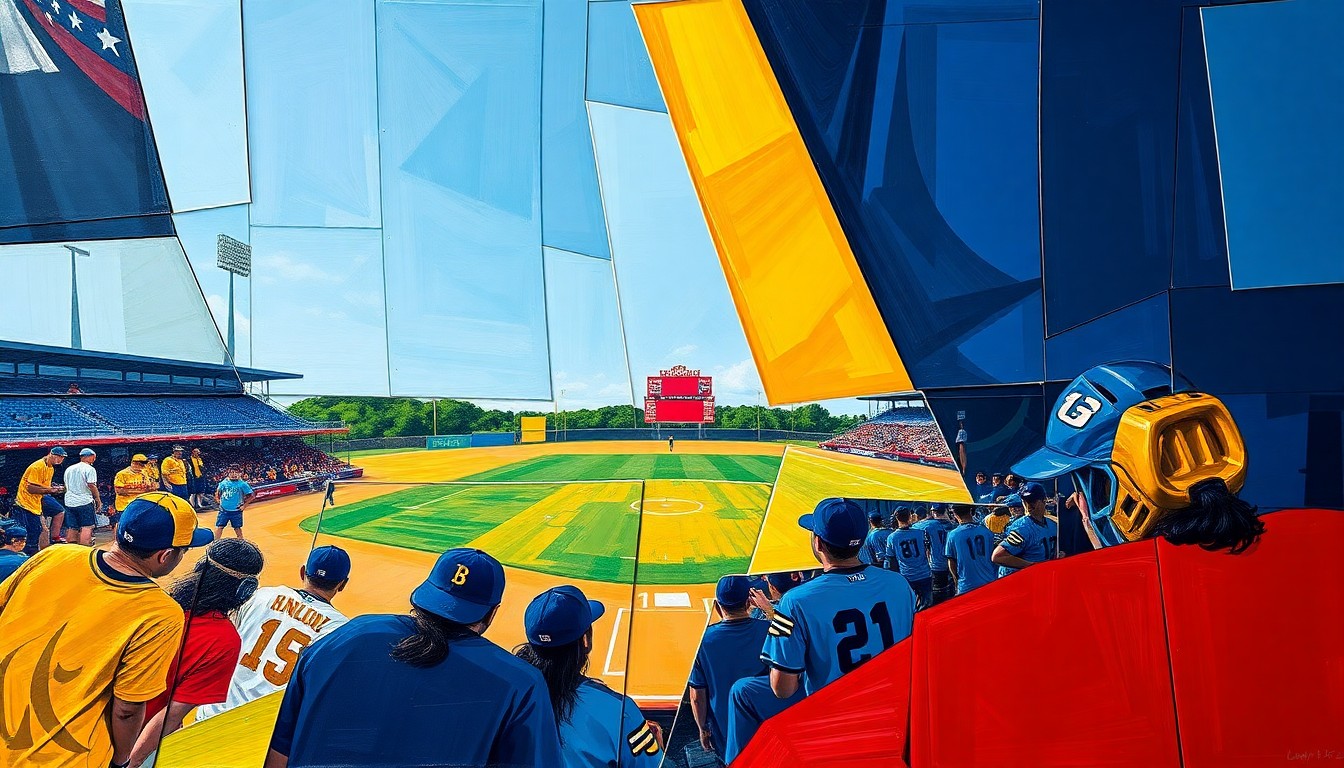 A fragmented, geometric painting in bold colors depicting the dynamic movements and competitive spirit of a high school softball game.