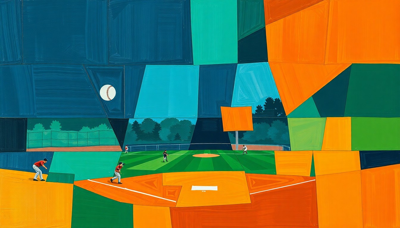 A fragmented, geometric painting depicting the overlapping movements and perspectives of a high school baseball game, rendered in a cubist style using navy, green, and orange hues.