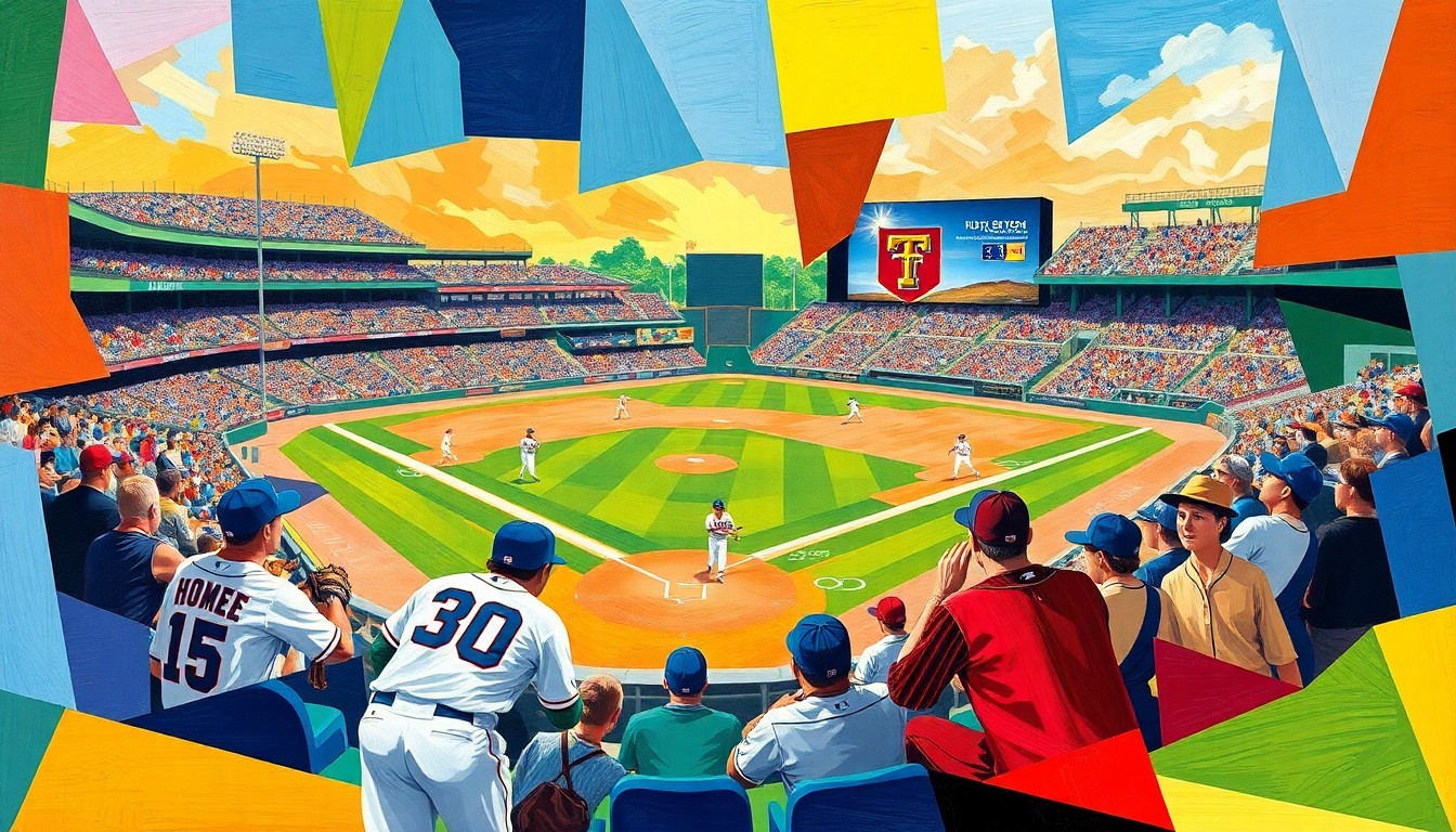 A fractured, geometric painting depicting a college baseball game, with sharp planes of color representing the players and field, conveying the sense of a one-sided contest.