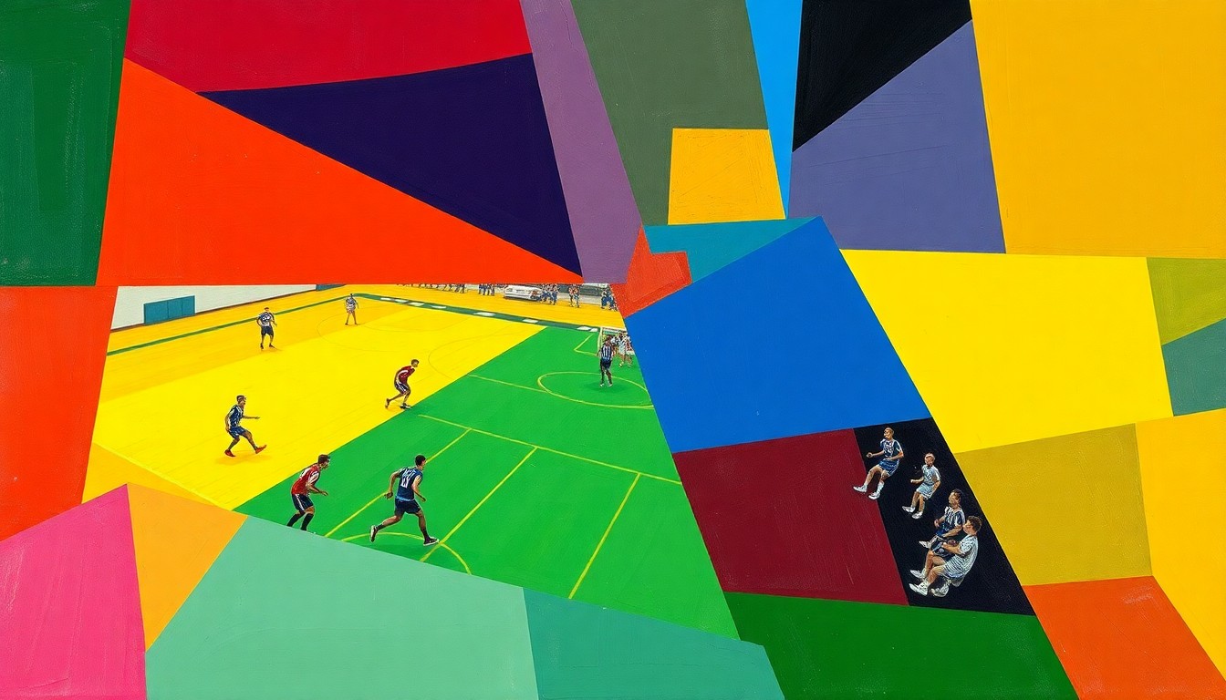 A cubist, geometric painting depicting a high school sports match, with players and the field broken down into overlapping planes of bright primary colors.