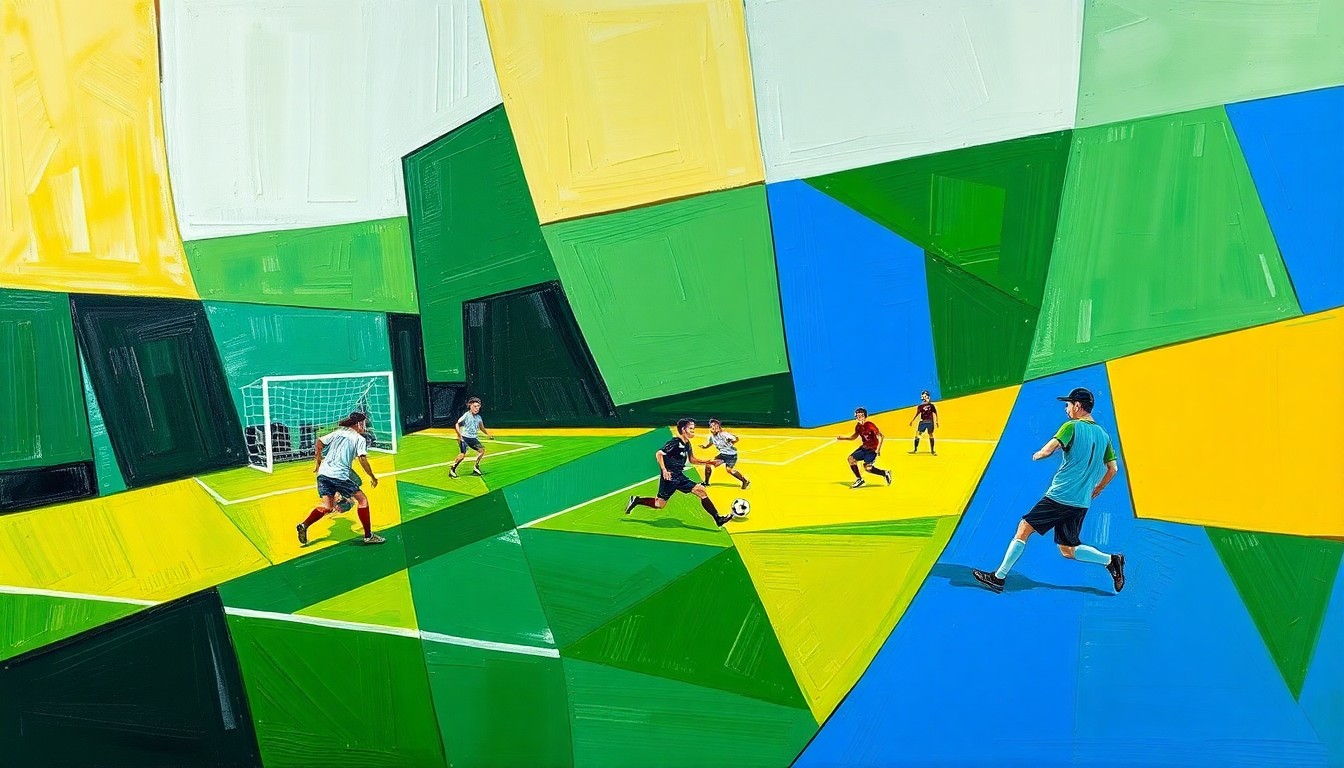 A cubist, geometric painting depicting a high school soccer match, with overlapping planes of green, yellow, and blue representing the dynamic action on the field.