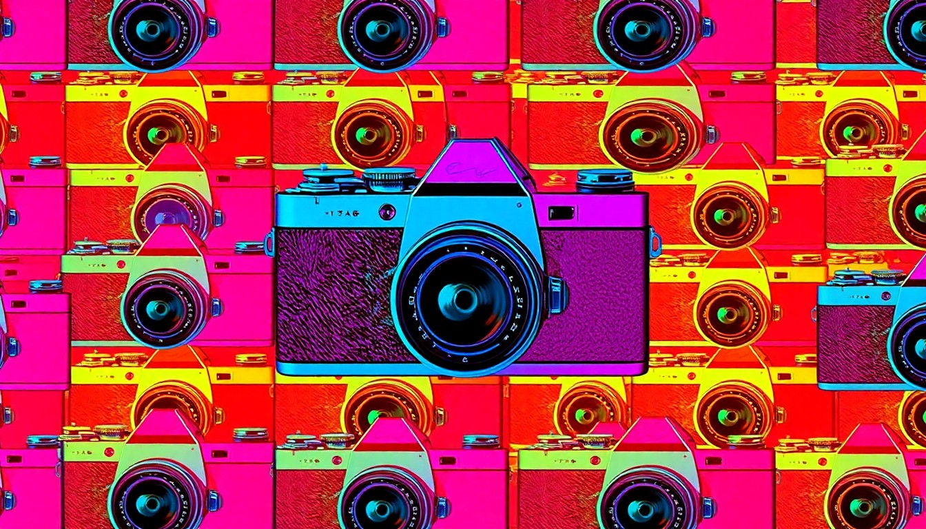 A vibrant, high-contrast silkscreen print of a vintage 35mm film camera repeated in a tight grid pattern, rendered in bold neon colors and heavy black outlines to capture the pop art energy of the Vanderbilt students' museum curation work.