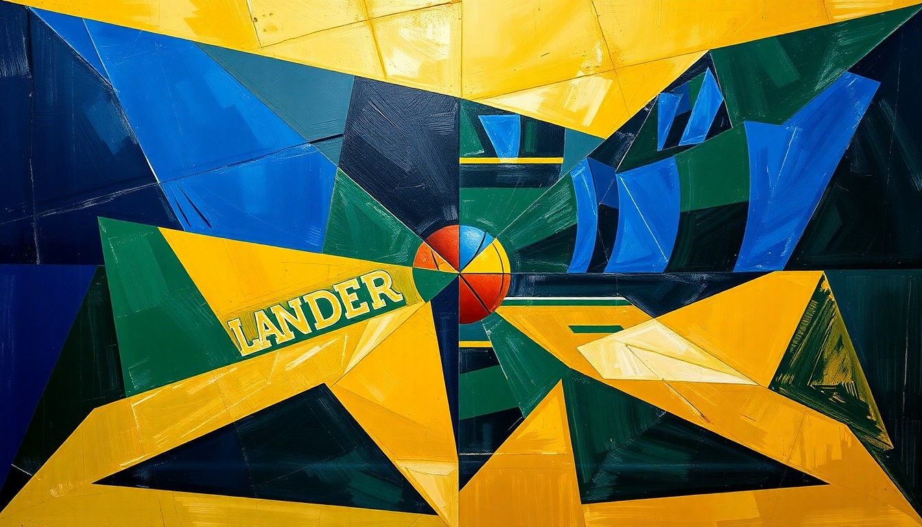 A cubist, geometric painting featuring overlapping planes of navy blue, gold, green, and yellow, conceptually representing the intensity and multi-faceted nature of a college basketball championship game.