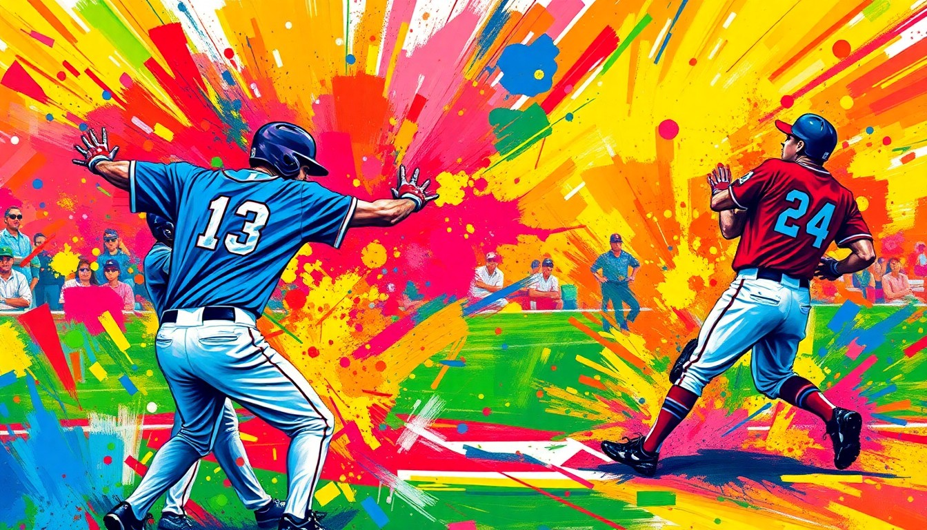 An abstract, energetic painting in neon colors depicting the dynamic motion and raw athleticism of a high school baseball game, with players' forms dissolving into vibrant brushstrokes.