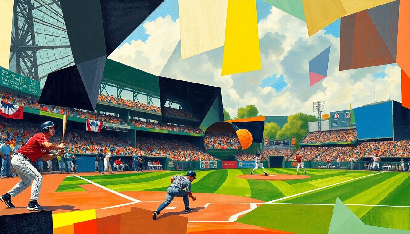 A cubist, geometric painting depicting the dynamic action of a high school baseball game, with players, bats, and the field rendered in overlapping, fragmented planes of color.