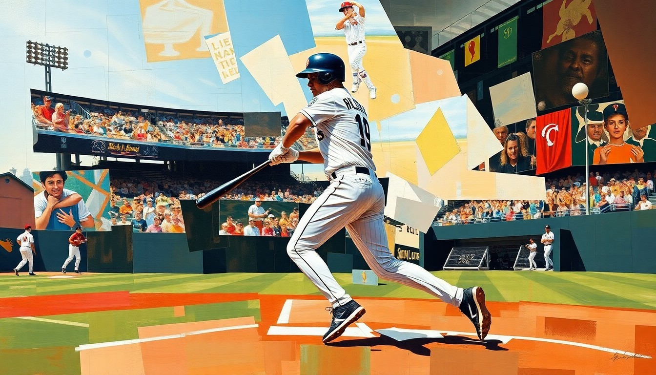 A cubist-style painting depicting a baseball player's movements broken down into sharp, overlapping geometric shapes and planes, conveying the physical challenge and uncertainty of an injury.