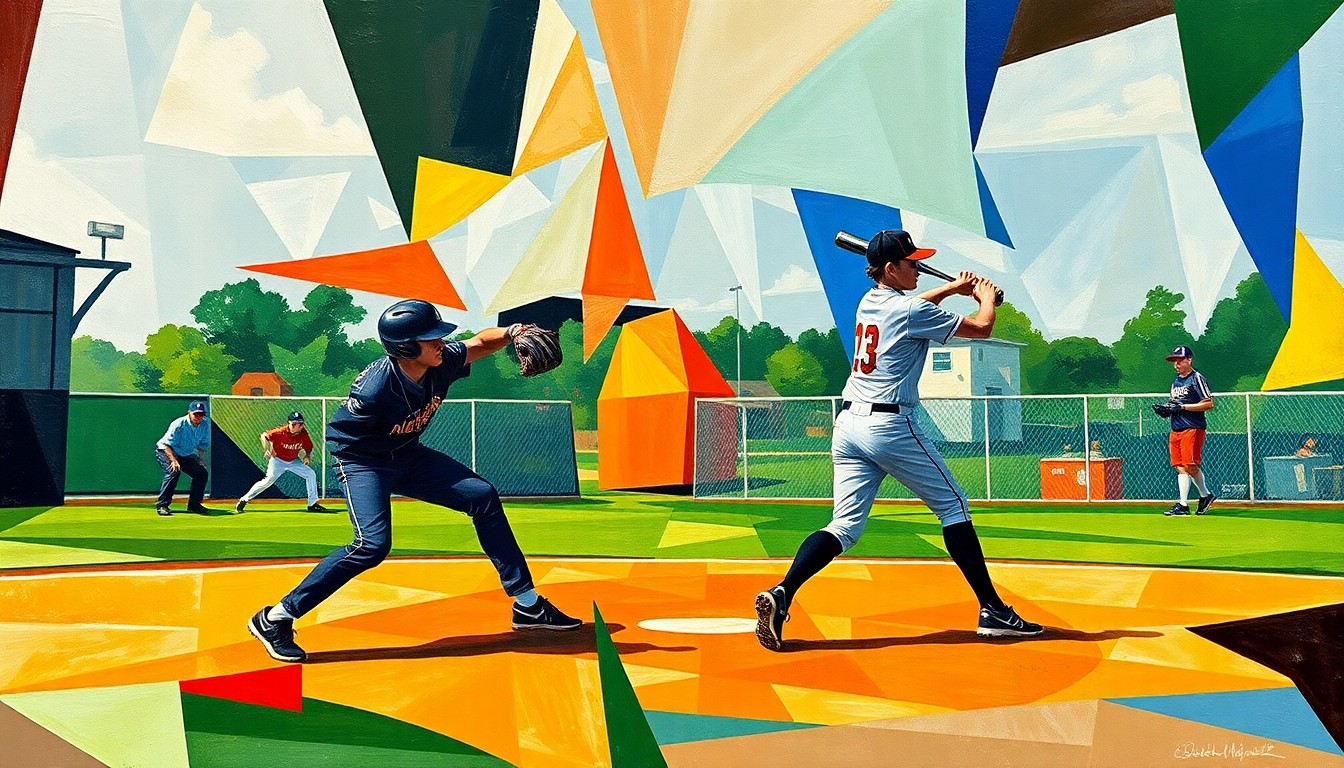 A cubist, geometric painting depicting the motion and energy of a high school softball game, with the pitcher's delivery and the batter's swing broken down into sharp, overlapping shapes and planes of color.