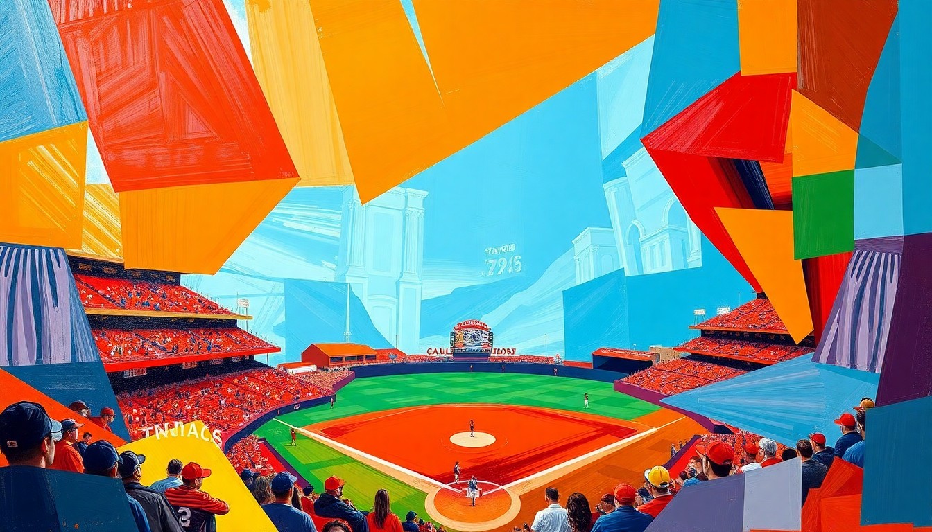 A cubist, geometric painting depicting a college baseball game in progress, with sharp, overlapping planes of orange and red representing the Clemson Tigers and Stanford Cardinal players and action on the field.