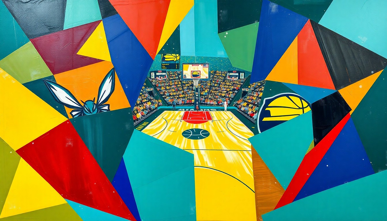 A cubist-style painting featuring overlapping geometric shapes in the Hornets' teal and purple colors, as well as the Pacers' blue and gold, capturing the dynamic movement and energy of a basketball game.