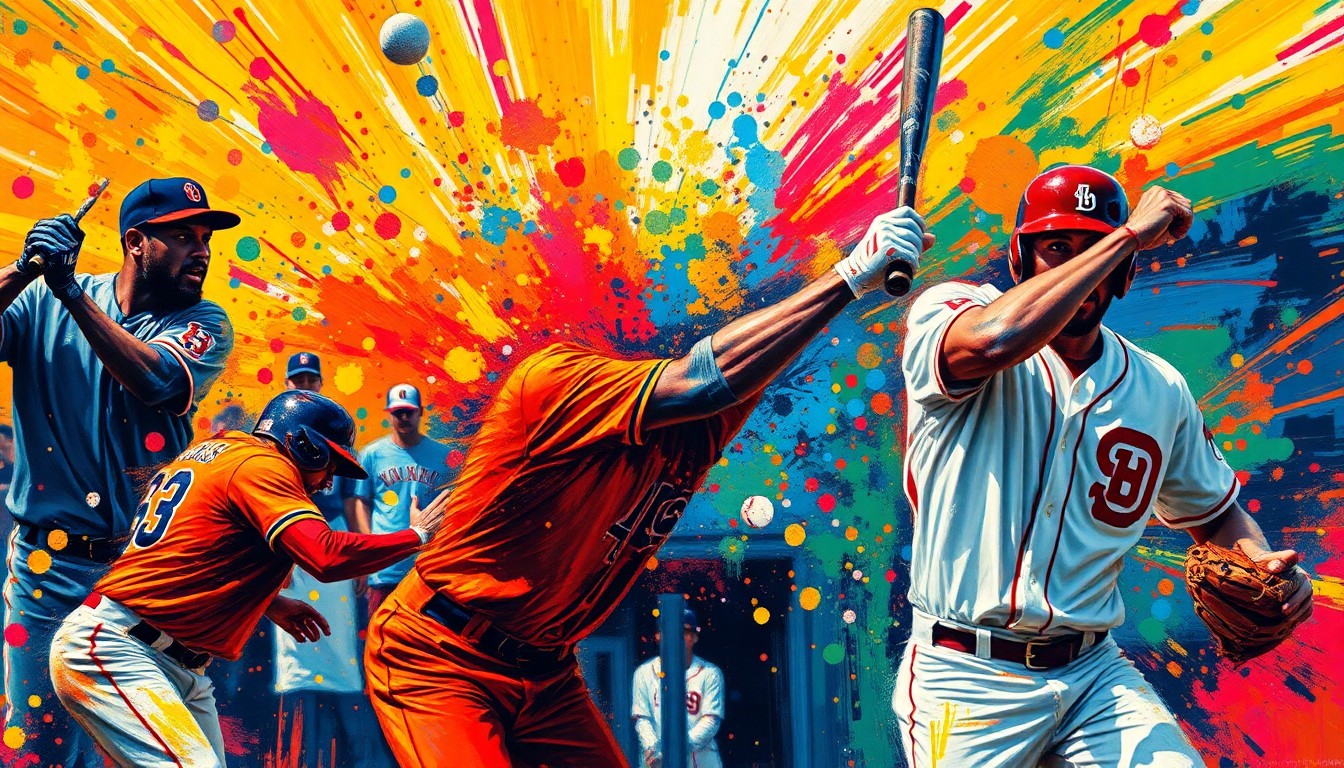 An abstract expressionist painting in vibrant neon colors, with blurred and fragmented forms representing baseball players in motion, conveying the raw energy and excitement of the Phillies' dominant victory.