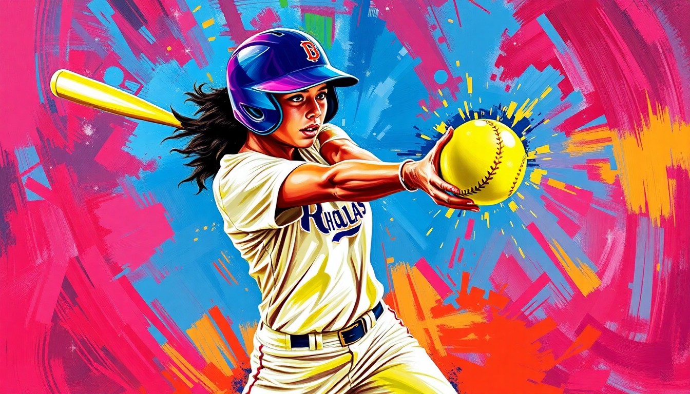 An abstract, energetic painting featuring bold, neon-colored brushstrokes that capture the dynamic motion and raw power of a softball player's swing, conceptually representing Gabriella Ocampo's standout performance.