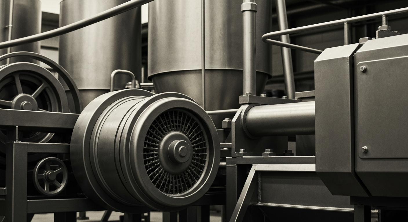 An extreme close-up of gears, levers, and other heavy industrial food processing equipment, conveying the tangible, mechanical nature of supply chain verification without using any text or symbols.