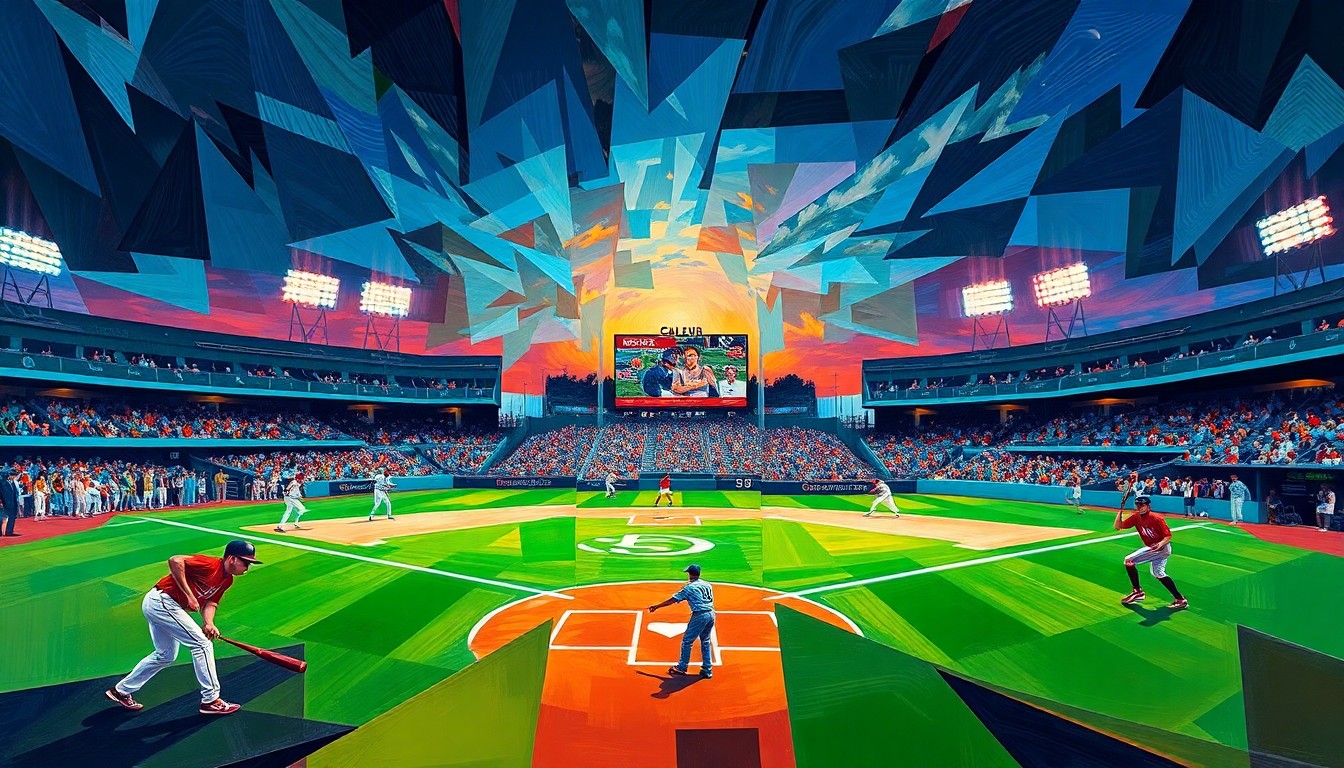 A fragmented, geometric painting depicting the dynamic movements and energy of a high school baseball game, with overlapping planes of players, bats, and the playing field rendered in a vibrant color palette.