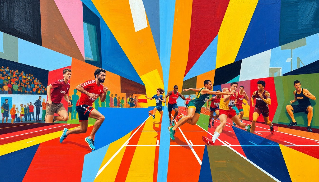 A fragmented, geometric painting depicting a track and field competition, with sharp planes of blue, red, and yellow overlapping to create a dynamic, abstract composition.