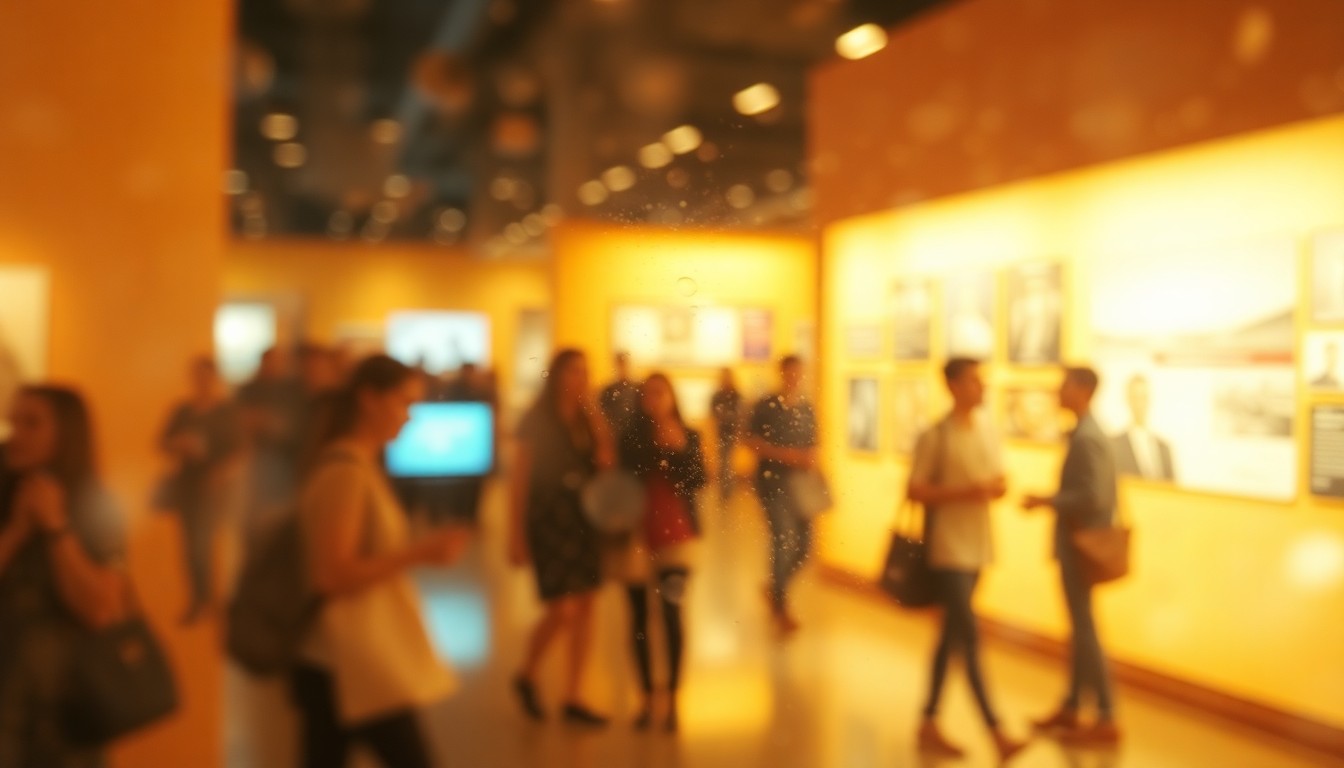 An impressionistic, out-of-focus scene of museum visitors moving through softly lit, blurred exhibits, conveying the sense of discovery and wonder at the heart of the museum's new offerings.