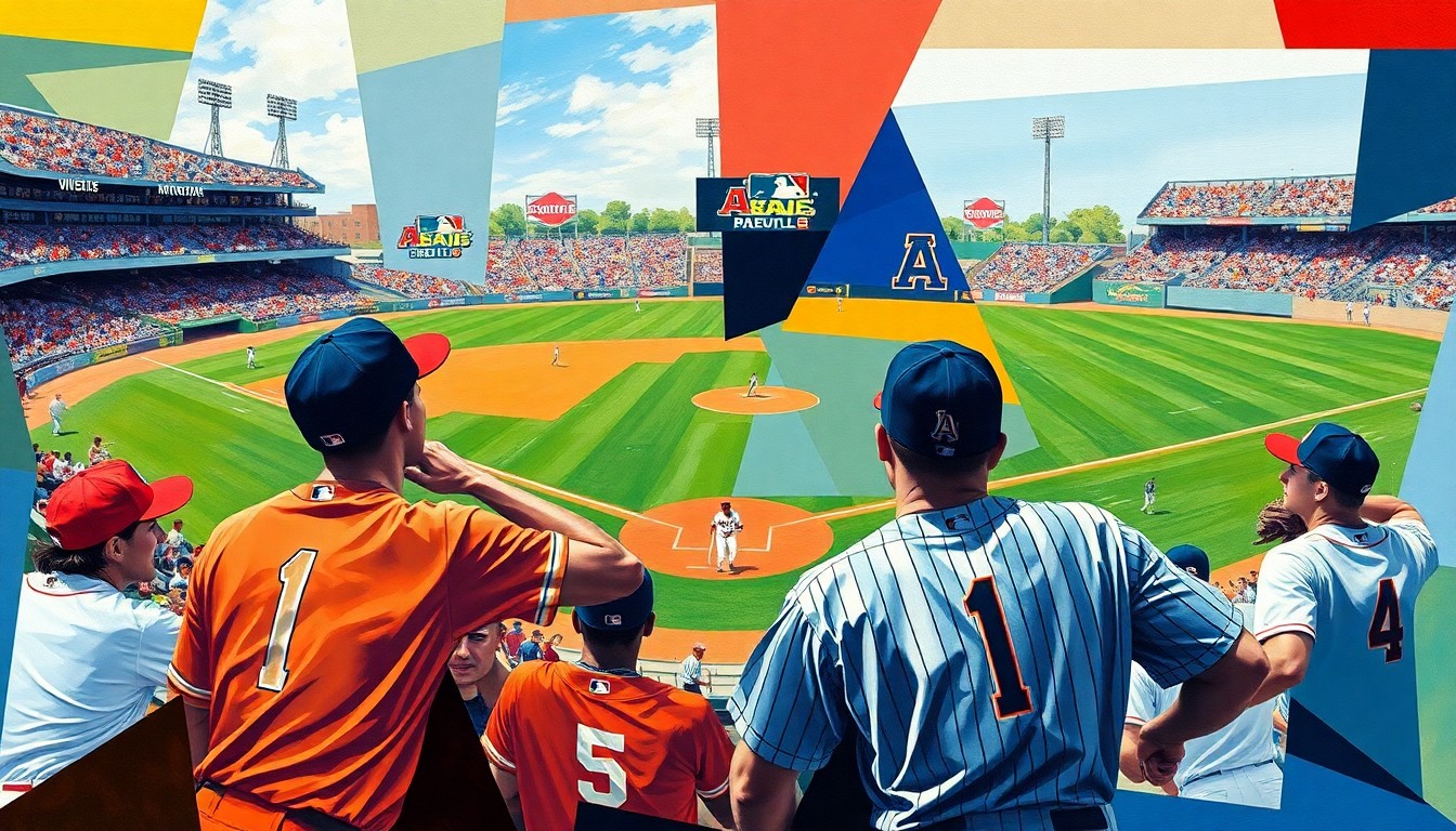 A fragmented, geometric painting depicting the dynamic movements and energy of a college baseball game, with the players' forms broken down into sharp, overlapping planes of color.