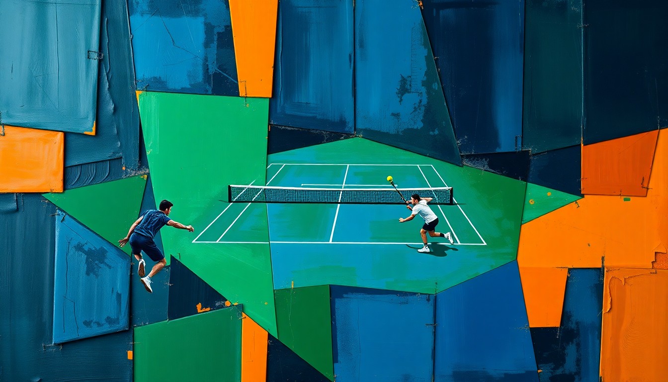 A fragmented, geometric painting depicting a men's tennis match, with overlapping shapes and planes in navy, green, and orange hues, capturing the dynamic energy of the competition.