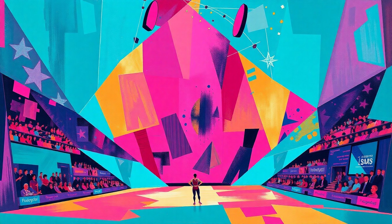 A cubist, geometric painting depicting a fragmented gymnastics competition, with overlapping planes of teal, magenta, and gold shapes representing the various movements and perspectives of the sport.
