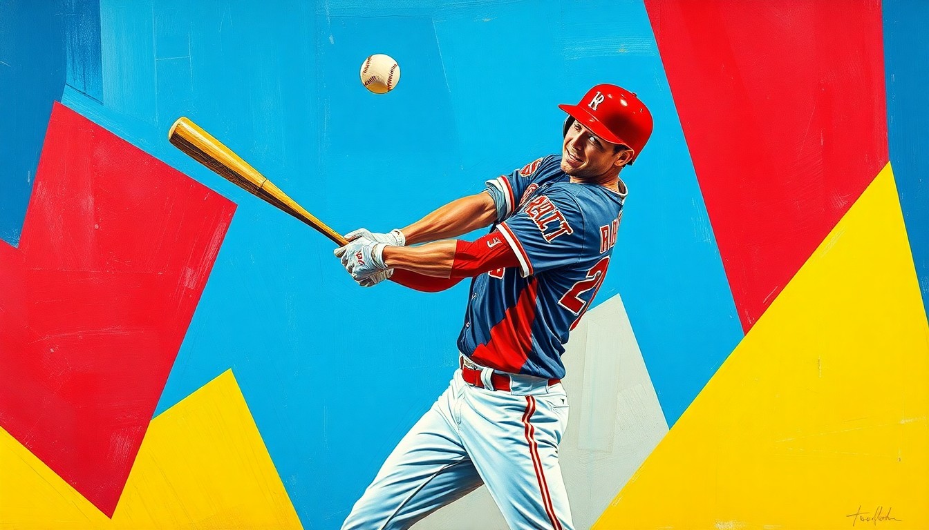 A fragmented, geometric painting depicting the baseball action of a player being hit by a pitch, with sharp planes of bright blue, red, and yellow colors.