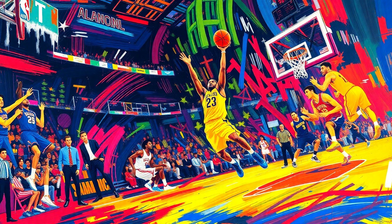 An abstract, expressionistic painting featuring bold, neon-colored brushstrokes that capture the raw energy and intensity of an NBA playoff game.