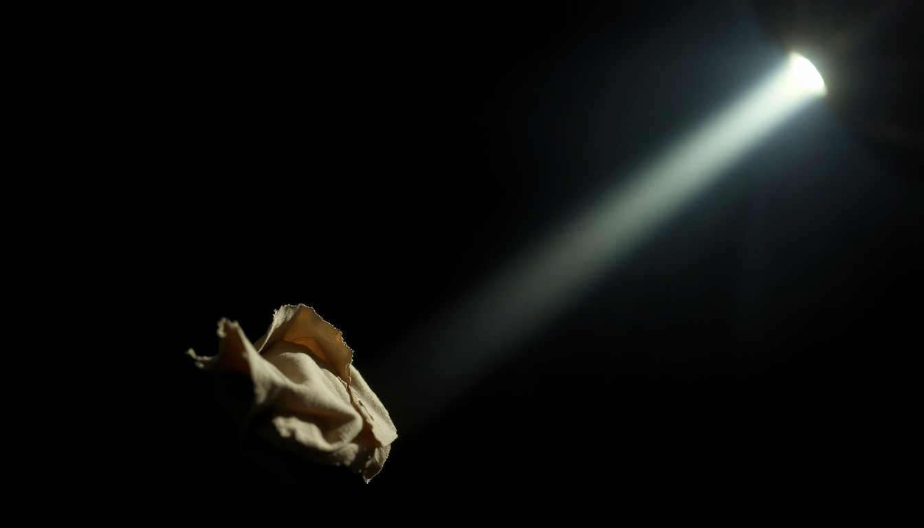 An extreme close-up of a rusted metal object from a crime scene, its harsh lighting and stark black background creating a gritty, investigative mood without words.