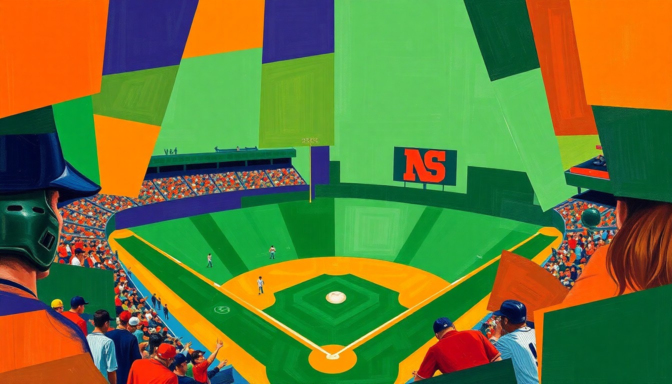 A cubist, geometric painting depicting a baseball game in motion, with sharp, overlapping shapes and planes in vibrant orange, navy, and green colors representing the competing teams.