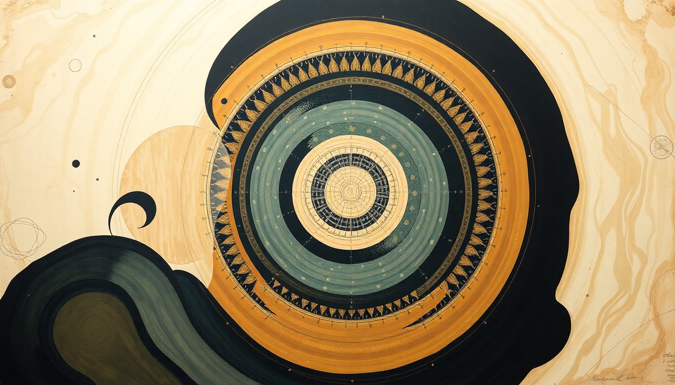 An abstract, highly structured painting in soft, earthy tones, featuring sweeping geometric arcs, concentric circles, and precise botanical spirals, conceptually representing the persistent and complex forces of the Exxon Valdez oil spill that continue to impact the Prince William Sound ecosystem.