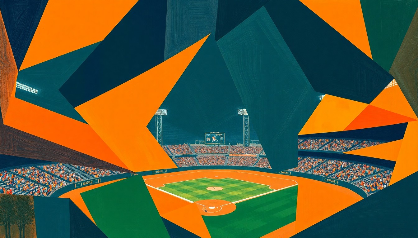 A fragmented, geometric painting in bold colors depicting the action and movement of a college baseball game, conveying the competitive spirit of the series sweep.