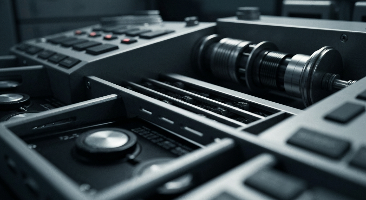 An extreme close-up of gears, levers, and other heavy industrial banking equipment, conveying a sense of institutional financial power and security through a cinematic, high-contrast visual style.
