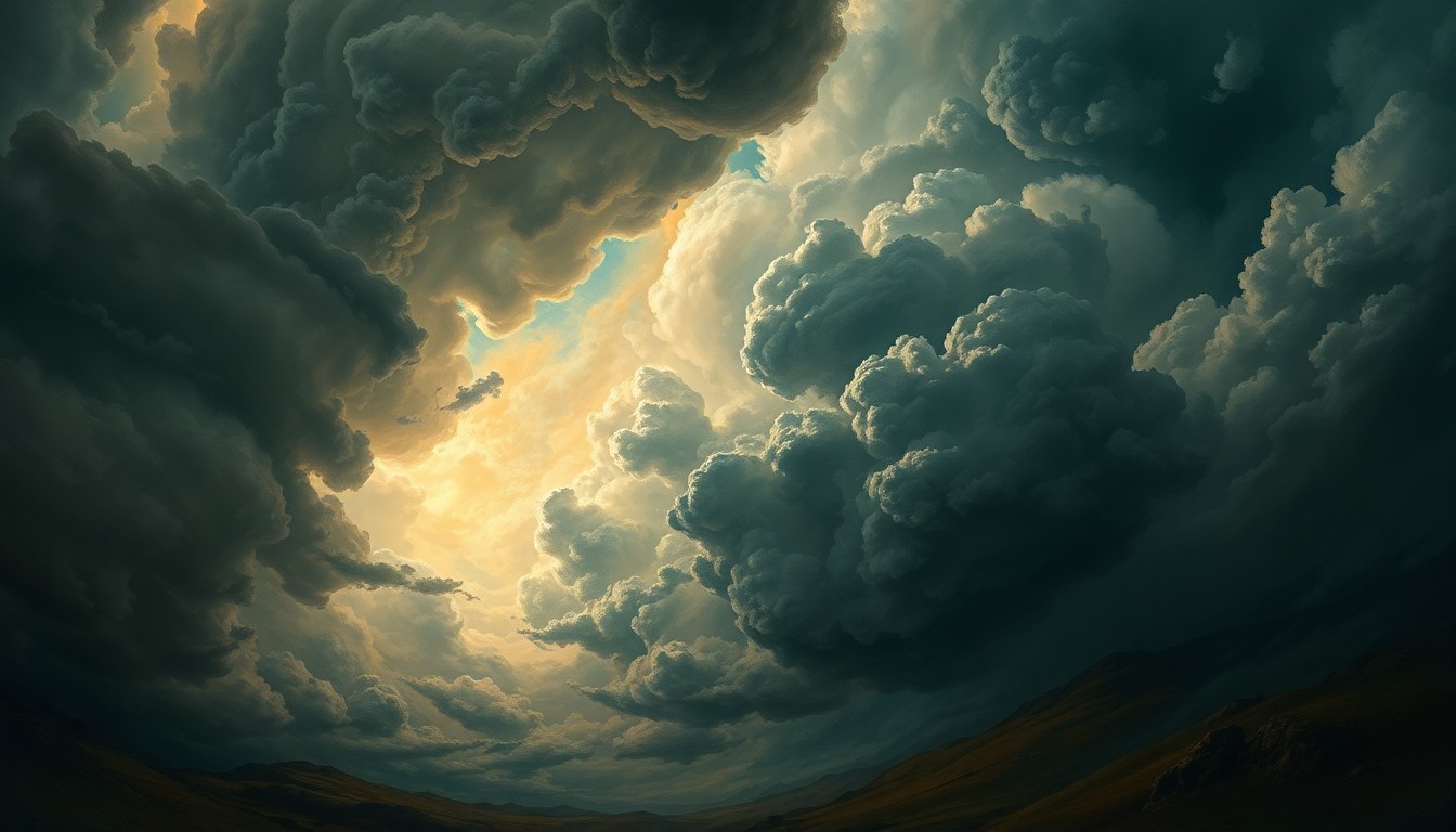 A vast, atmospheric landscape painting in muted tones of gray, blue, and gold, with a turbulent sky filled with swirling storm clouds and dramatic lighting that dwarfs any physical structures or objects in the scene, conveying the overwhelming power of the natural forces at play.