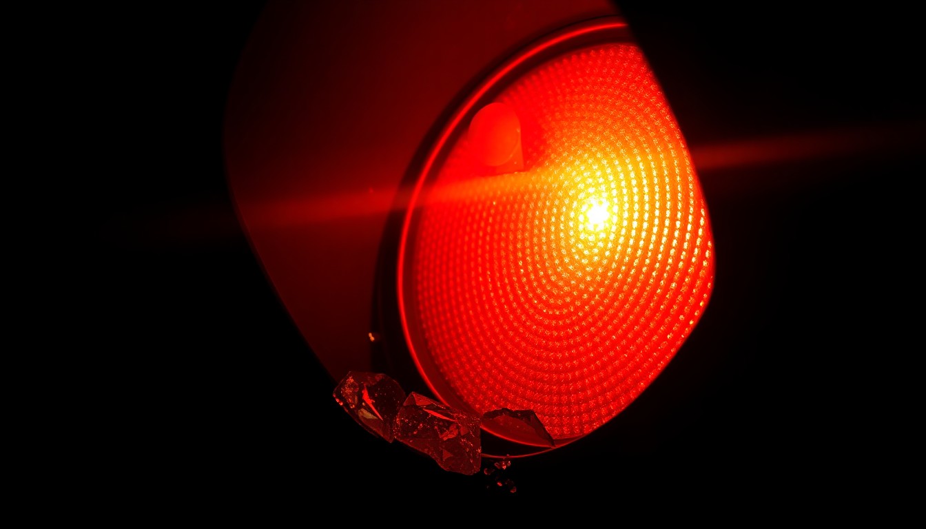 An extreme close-up photograph of a damaged traffic signal light or broken glass from a vehicle, capturing the stark, gritty aftermath of a collision in an investigative style.