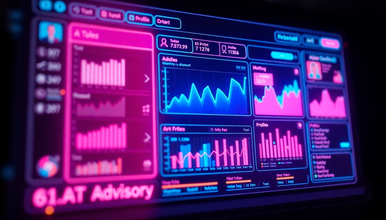 A highly detailed, glowing 3D illustration of a digital art advisory dashboard, featuring various data visualizations and profiles of artists illuminated by vibrant neon lights, conceptually representing the power of AI to provide collectors with comprehensive, unbiased guidance.