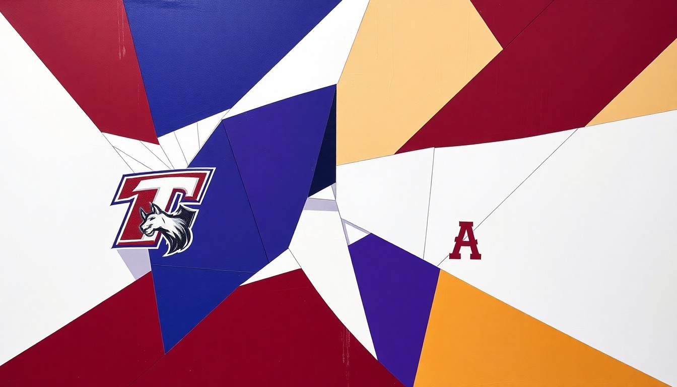 A cubist, geometric painting depicting a softball game in progress, with the players and field broken down into overlapping planes of maroon, white, and blue, conveying the dynamic energy and competitive spirit of the matchup.