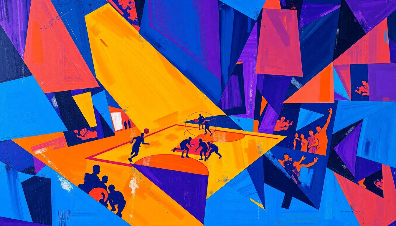 A fragmented, geometric painting depicting the dynamic movements and energy of a basketball game, with sharp planes of color and overlapping shapes representing the action on the court.