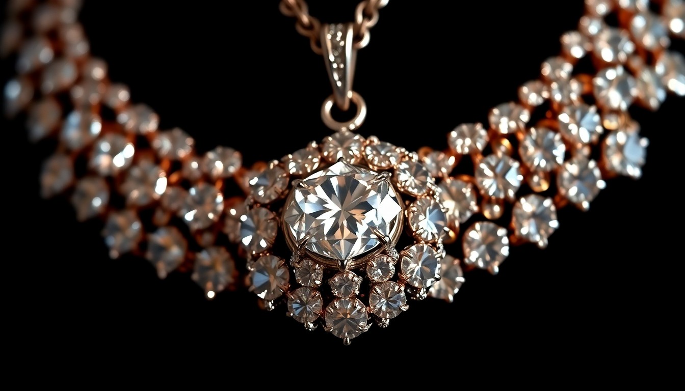 An extreme close-up photograph of a glittering, diamond-encrusted pendant in shades of gold, silver, and black, capturing the luxurious textures and dramatic lighting of high-end celebrity jewelry in a conceptual, abstract manner.