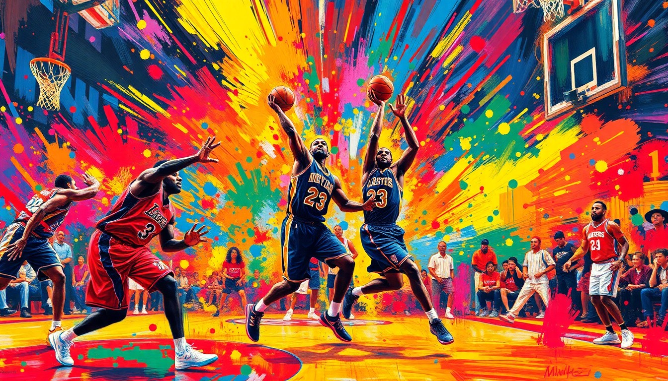 An abstract, expressionist painting in vibrant neon colors, capturing the raw energy and intensity of an NBA basketball game with players' figures dissolving into unrecognizable splatters of paint.