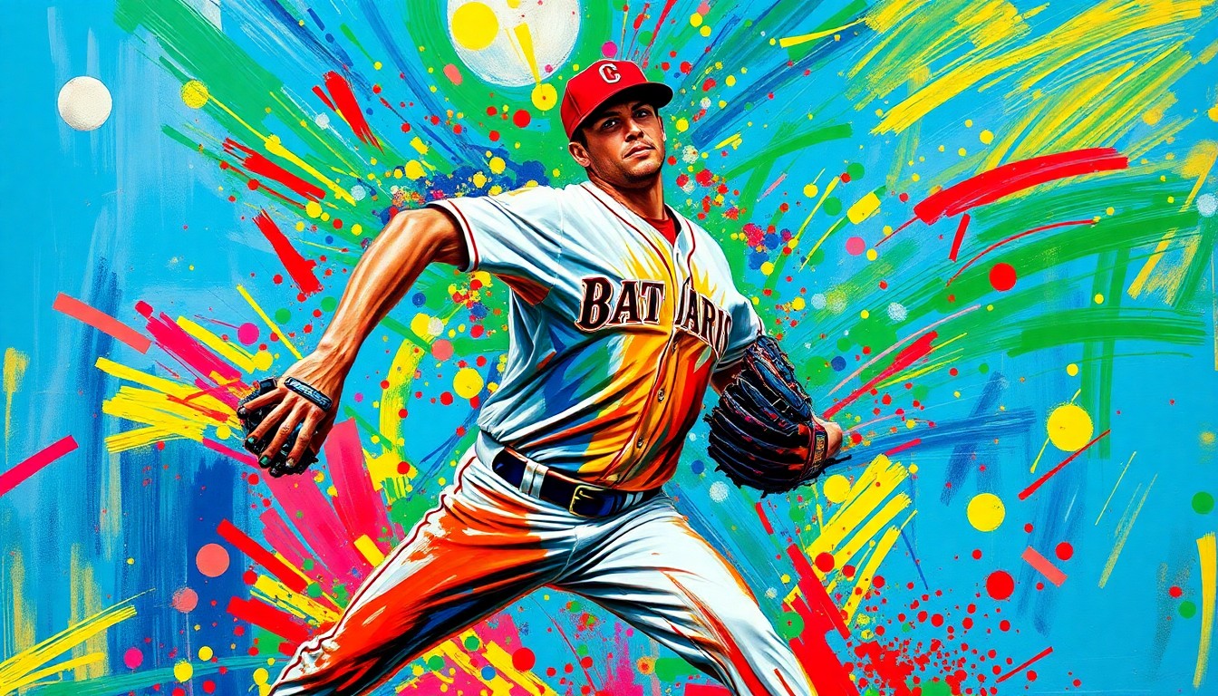 An abstract, expressionist painting featuring bold, sweeping brushstrokes in neon colors that convey the kinetic motion and power of a baseball pitcher in action.
