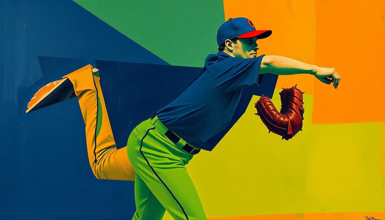 A cubist, geometric painting depicting the fractured motion of a baseball pitcher's windup and delivery, with sharp planes of navy, green, and orange.