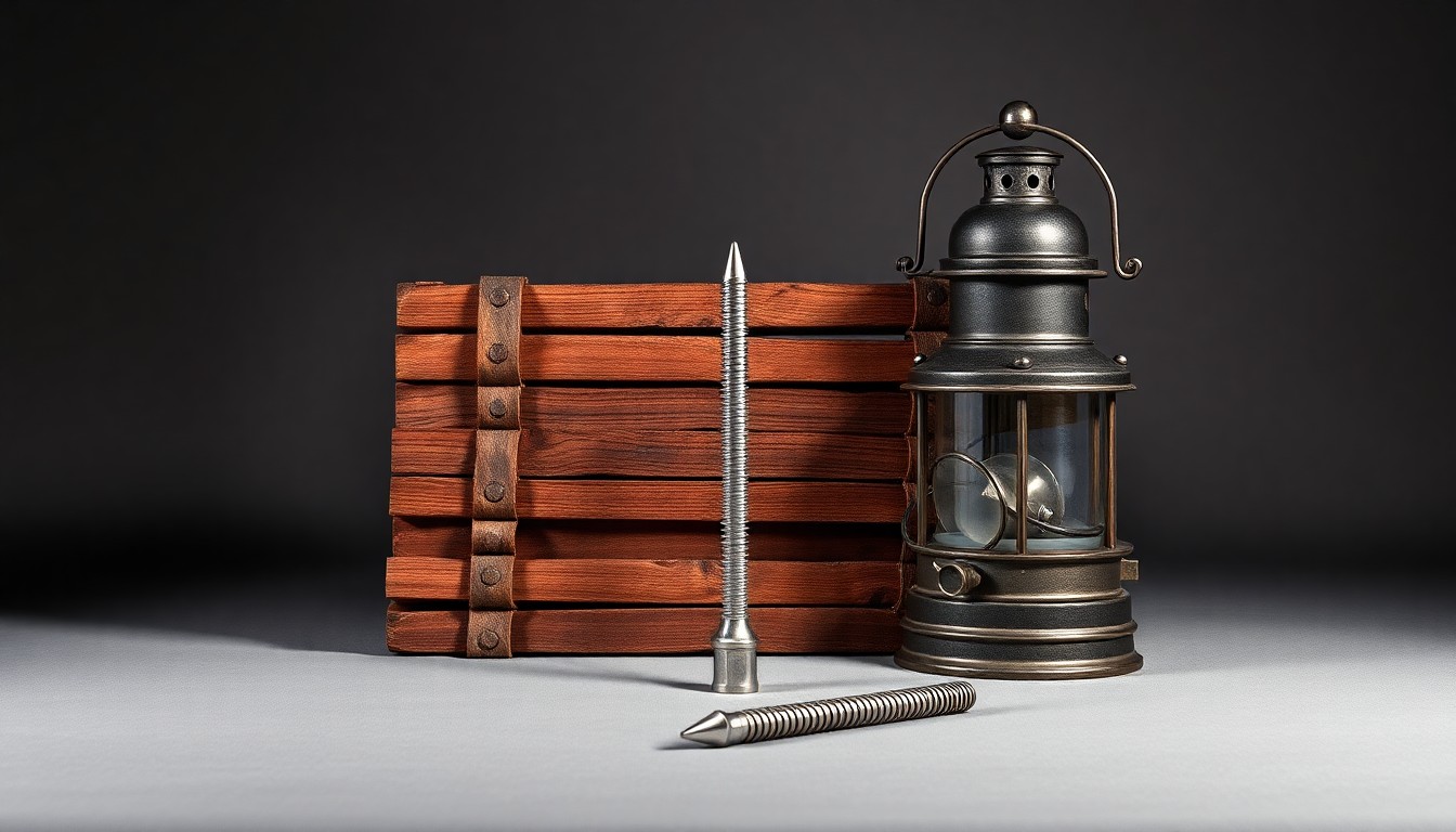 A photorealistic studio still life featuring a stack of railroad ties, a railroad spike, and a polished metal railroad lantern, conceptually representing the corporate strategy and market forces behind the proposed Norfolk Southern-Union Pacific merger.