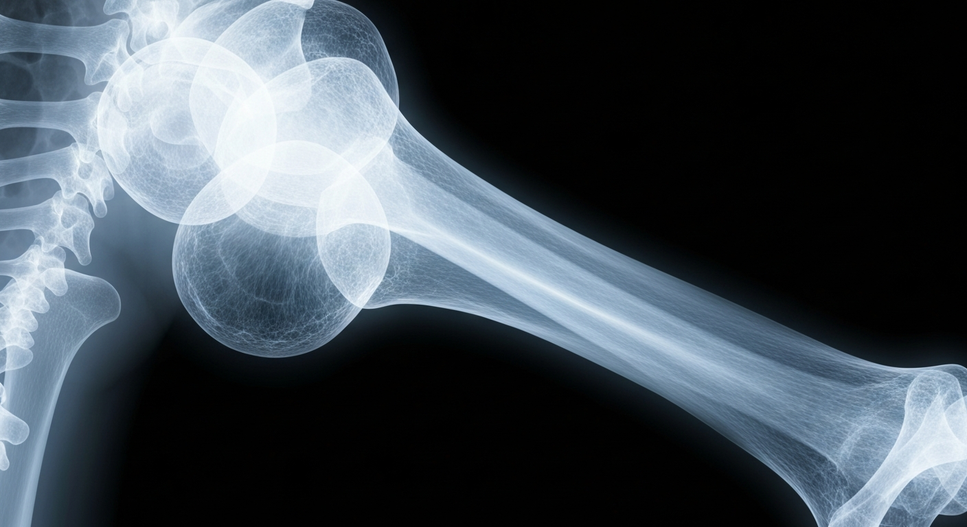An extreme close-up X-ray image of a human bone, revealing its intricate internal structure with glowing, ghostly lines against a dark background, conceptually representing the benefits of taking a vitamin D3 and K2 supplement.