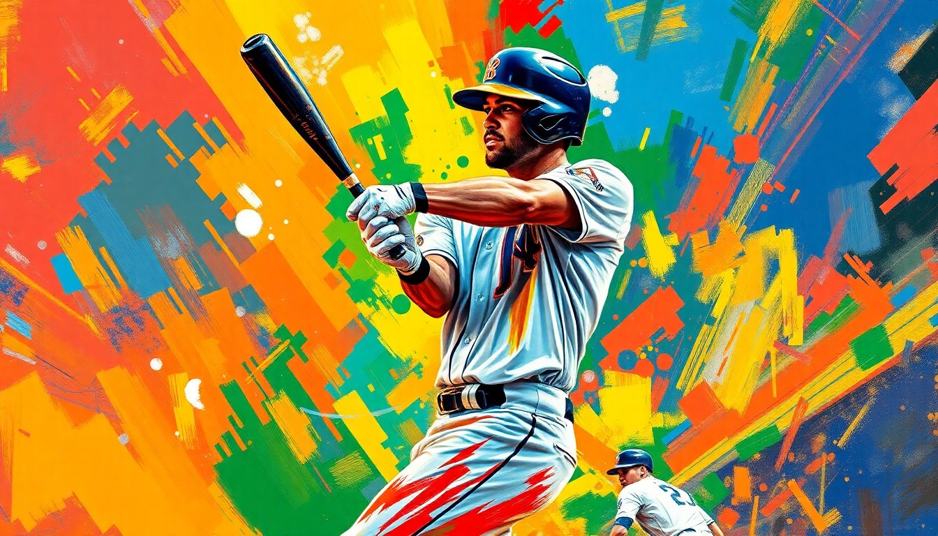 A dynamic, abstract painting in neon colors depicting the powerful swing and batting motion of a baseball player, conceptually representing the excitement of Konnor Griffin's impressive MLB debut.
