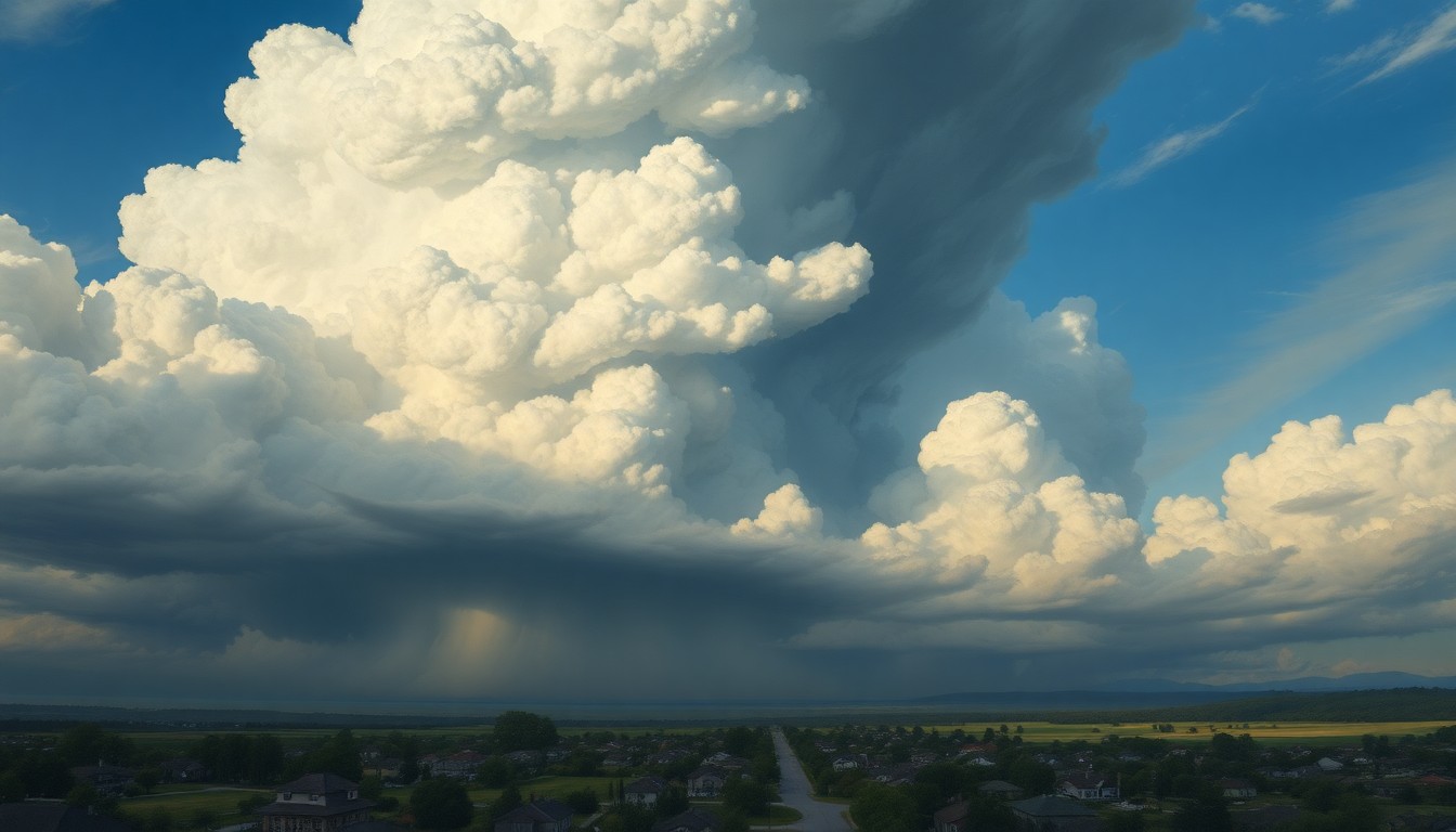 A vast, atmospheric landscape painting depicting a towering, ominous cloud formation dominating the sky over a small, dwarfed neighborhood, conveying the overwhelming scale and power of an approaching storm system.